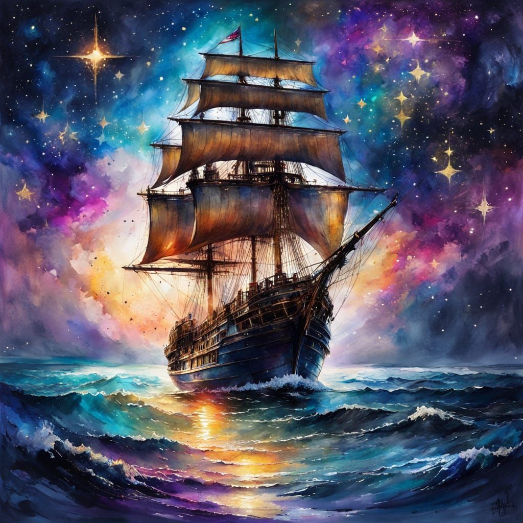 Intergalactic Sailing Ship in Watercolor Starry Ocean