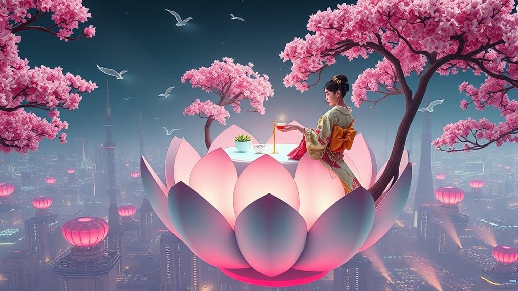 A Futuristic Geisha Serves Tea in a Mechanical Lotus Oasis