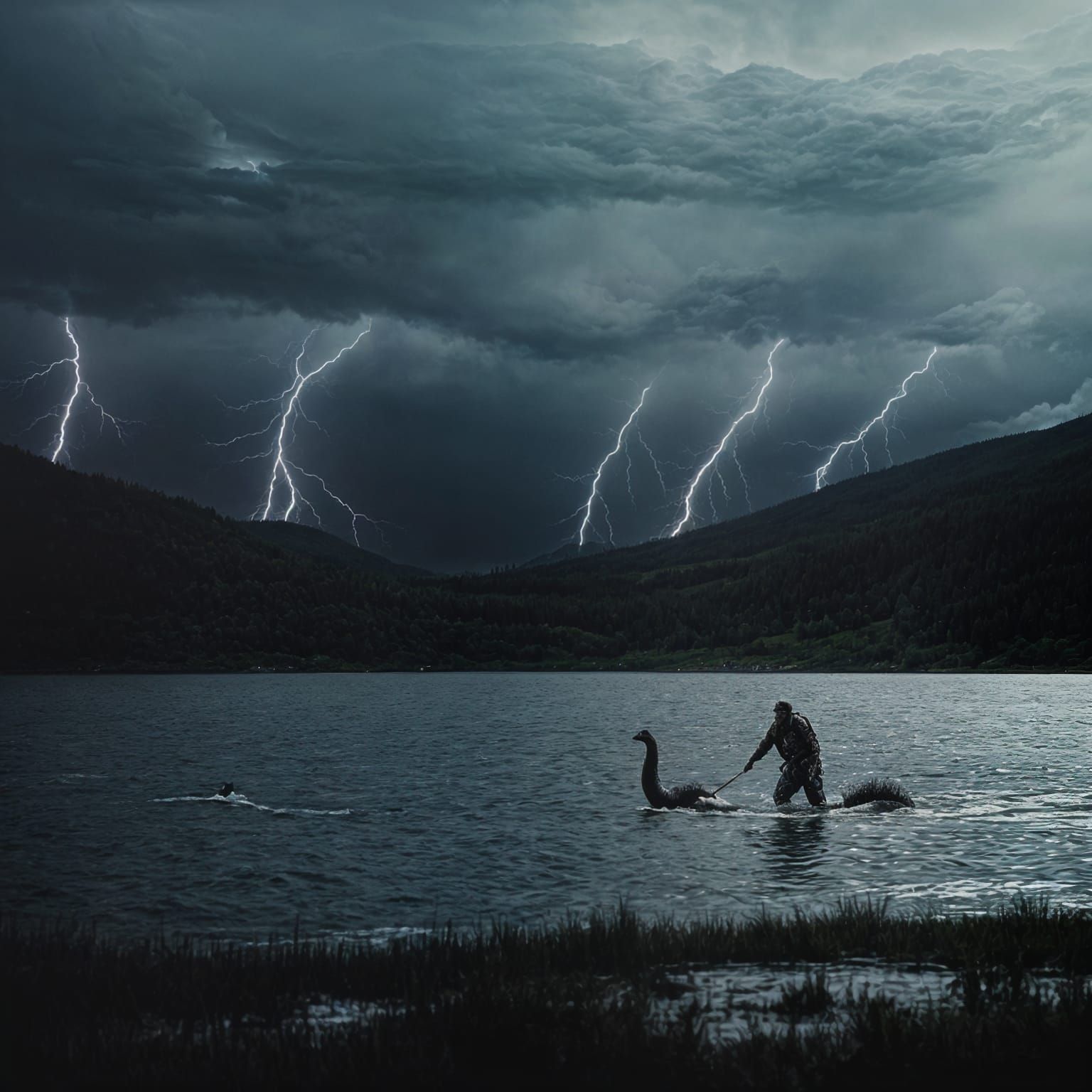 Epic Loch Ness Monster Battles Sasquatch in Dramatic Storm