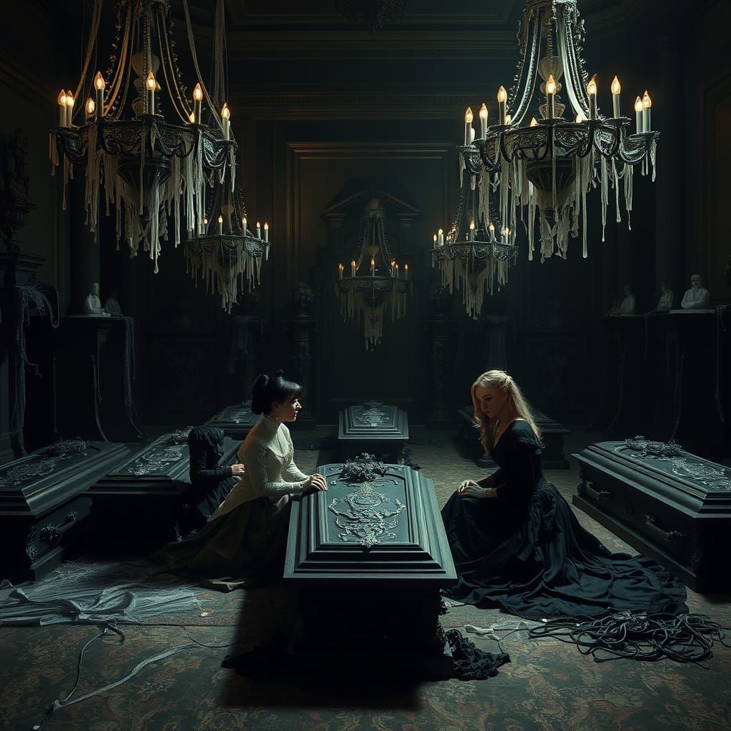 Eerie Victorian Coffin Scene in Dark Fantasy Style