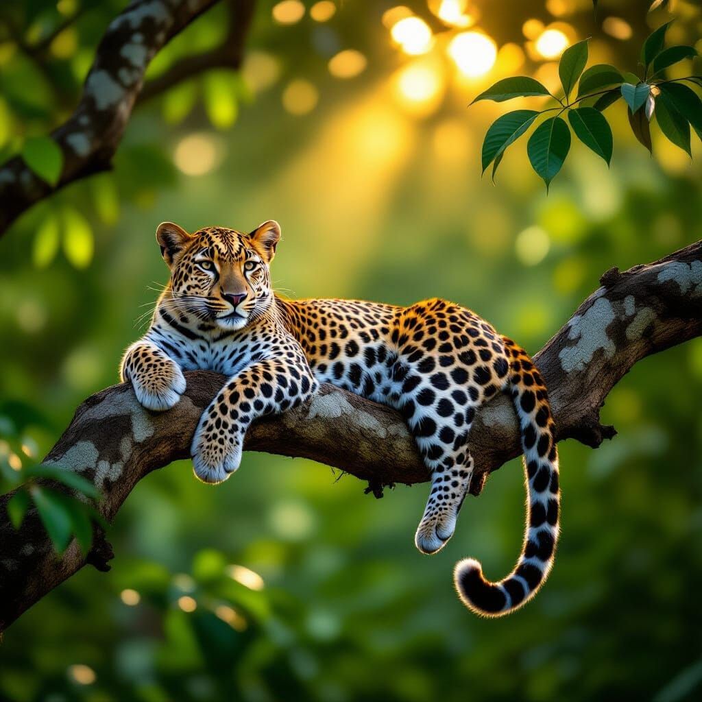 Leopard on Jungle Branch in Dappled Sunlight