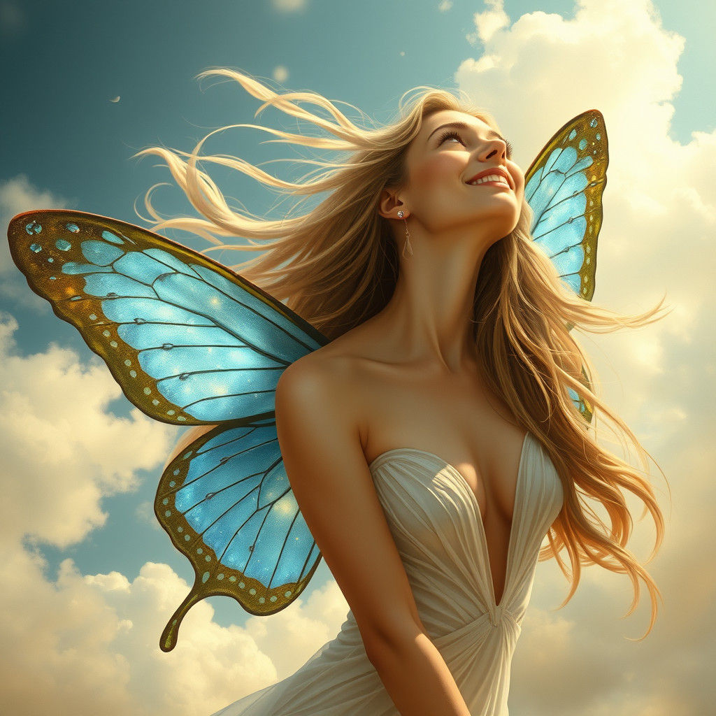 Ethereal Woman with Butterfly Wings in Golden Light