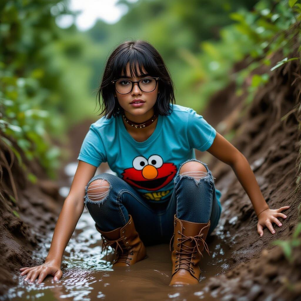 Hispanic Teenager Slips Down Muddy Hillside