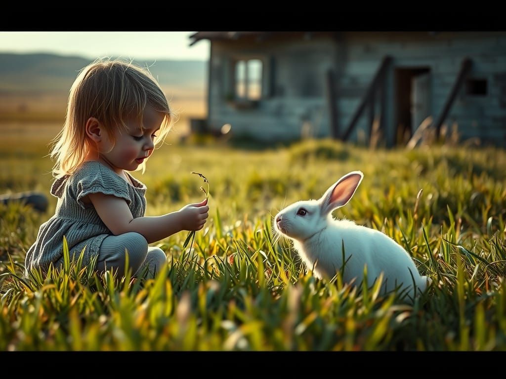 Toddler Feeds Rabbit Near Dilapidated Farmhouse