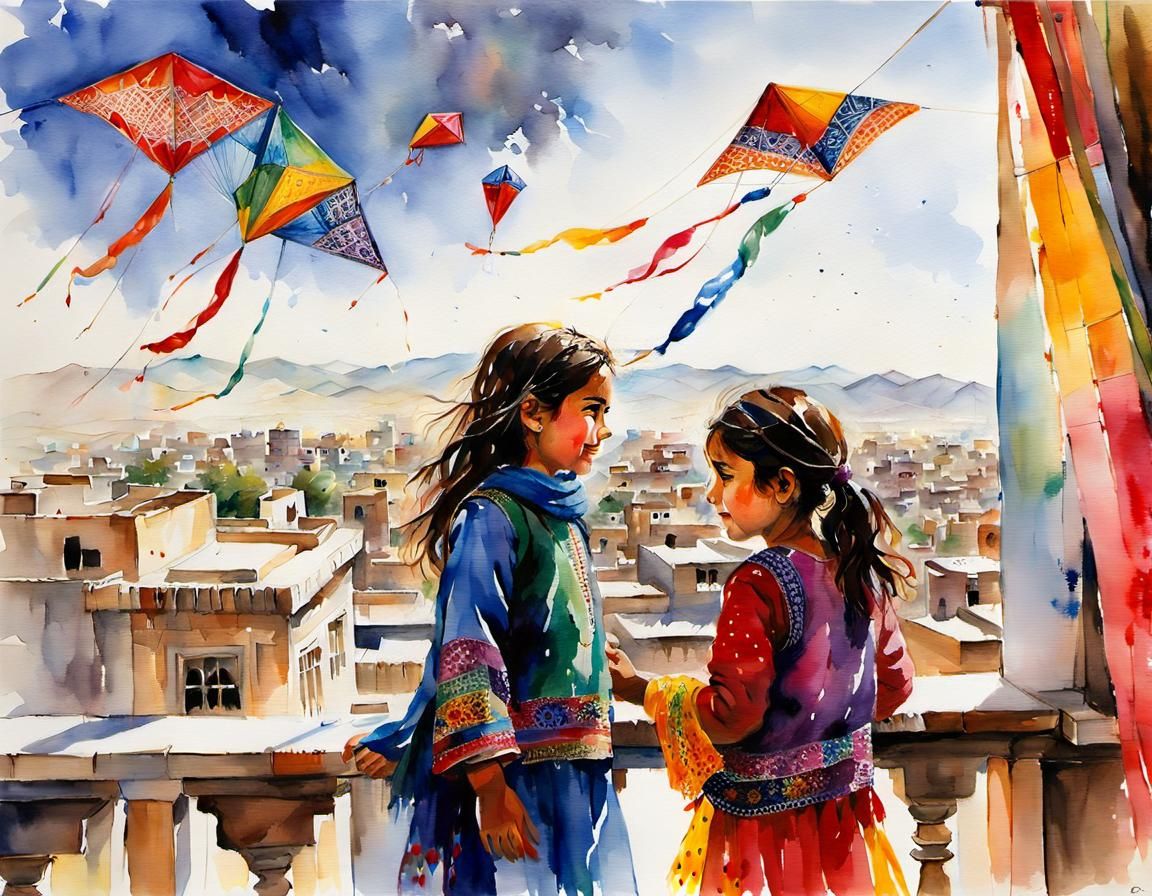Afghan Girls with Kites: Watercolor Painting