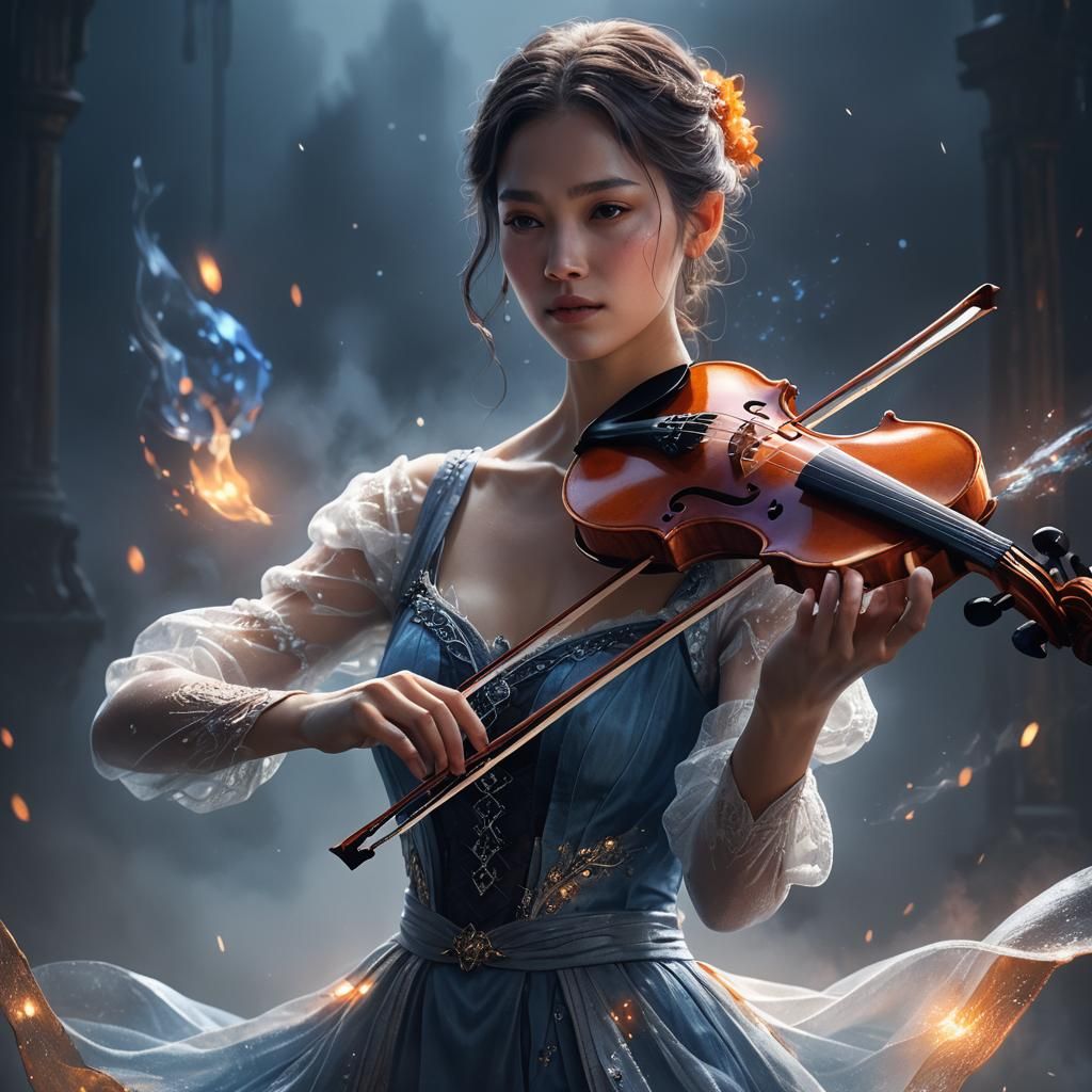 Woman with Crystal Violin on Misty Stage