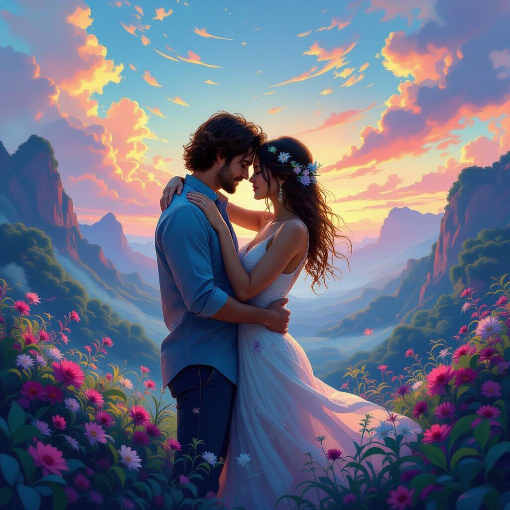 Dreamy Couple Embracing in Surreal Landscape