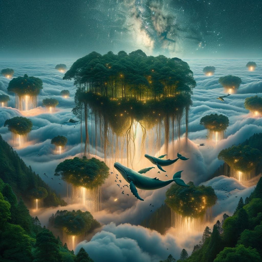 Floating Forest with Sky-Whales in a Dreamscape
