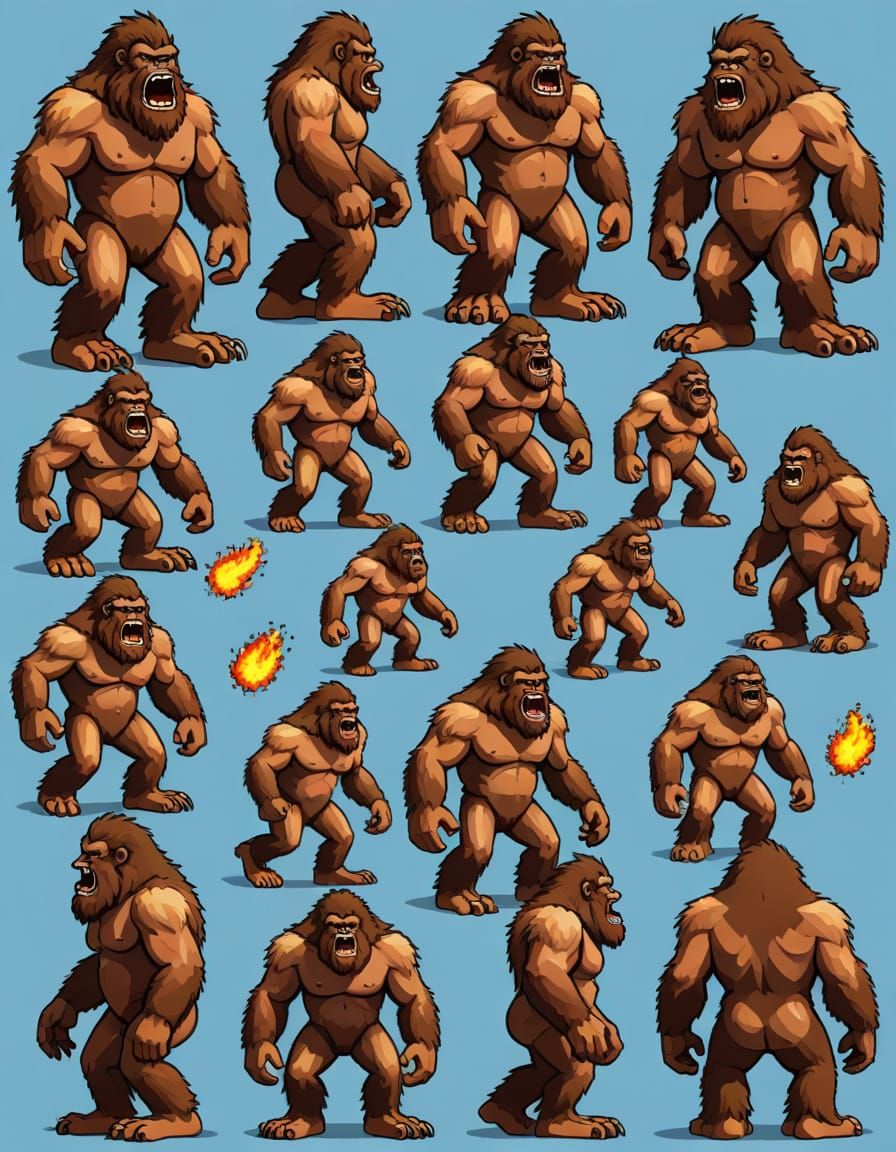 Sprite sheet of a 2D pixel art bigfoot character, 128 x 128 pixels per frame, includes idle, roar, comic explosion, and ...
