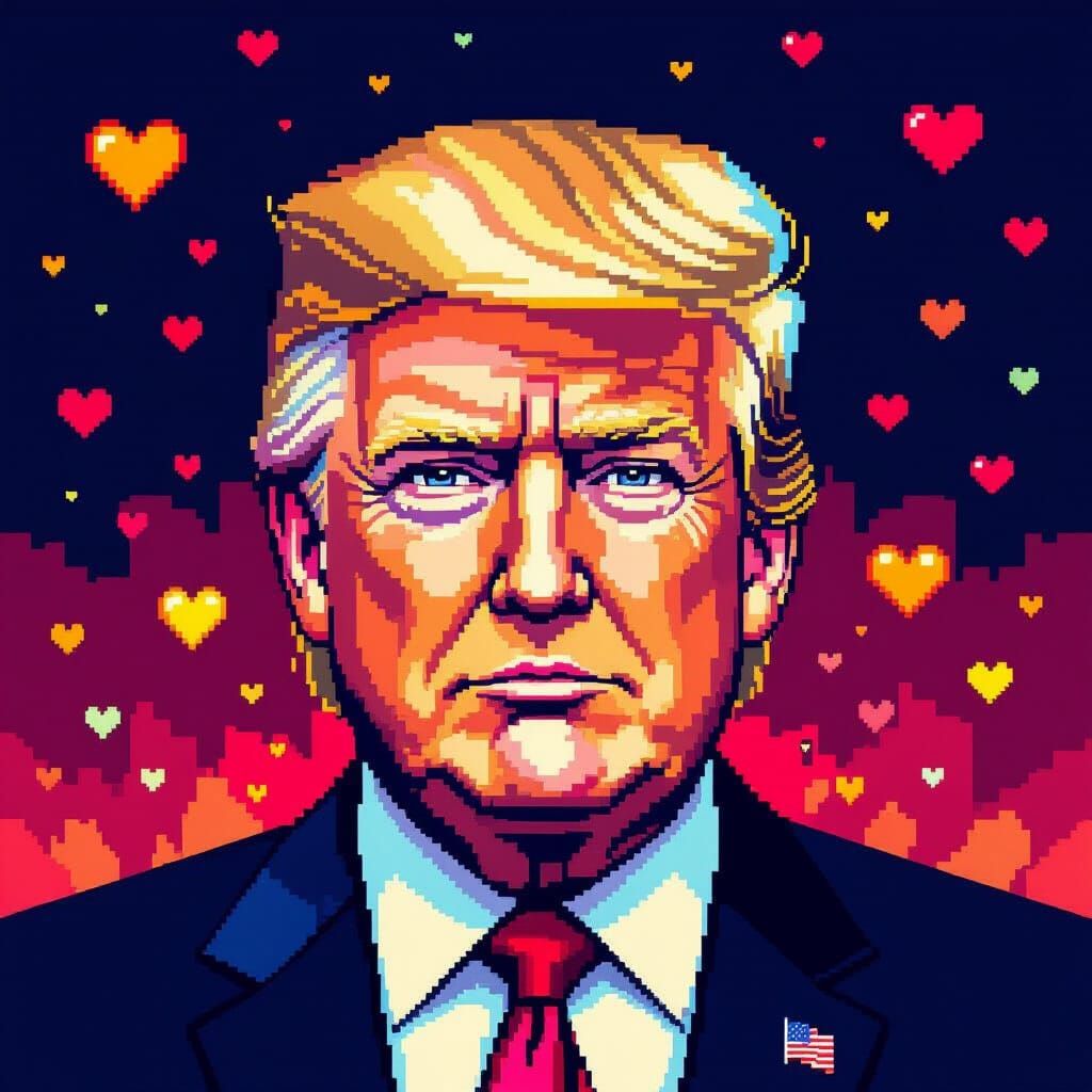 Donald Trump Pixel Art Portrait in 8-Bit Glitch Style