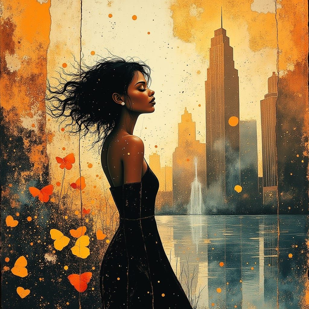 African Woman at Art Deco Fountain in Watercolor Style