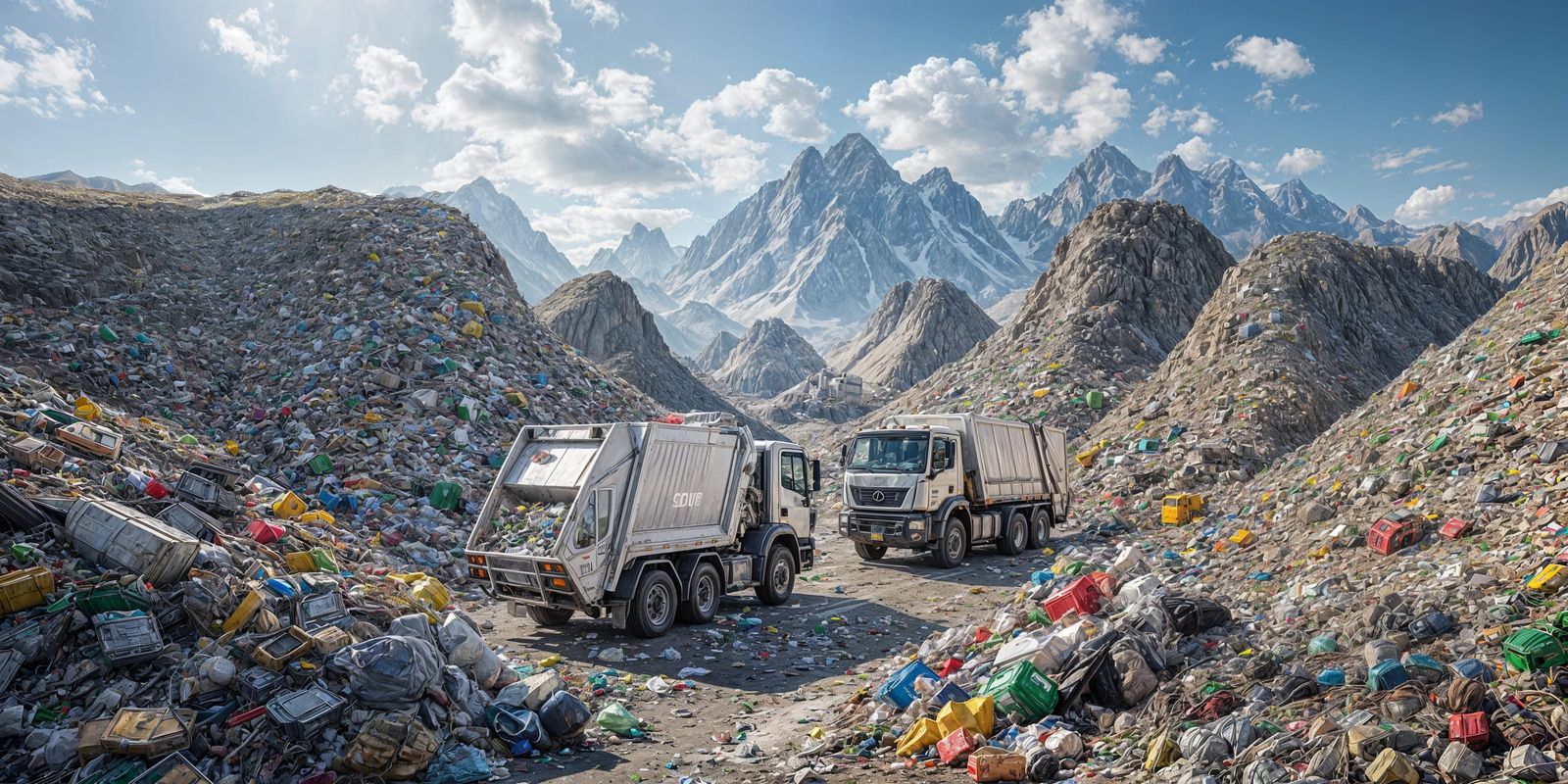Futuristic Garbage Trucks in a Trash Mountain World
