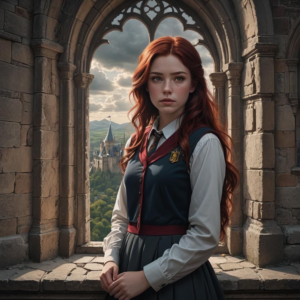 Girl with Red Hair in Castle Window