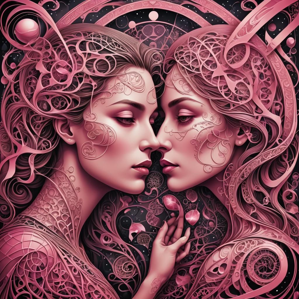 Lovers Kissing at Crossroads with Tarot Cards in Pink Tones