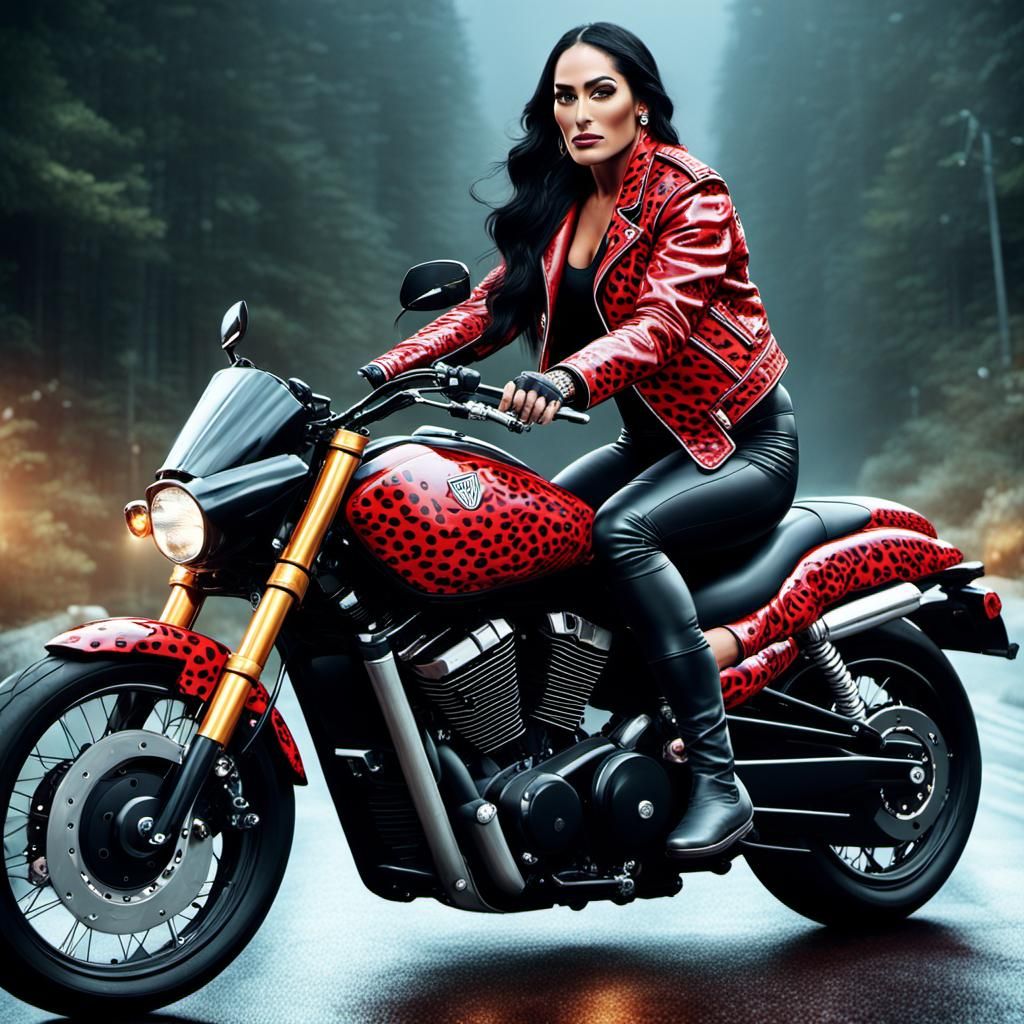Woman on Motorcycle in Red Fur-Lined Jacket