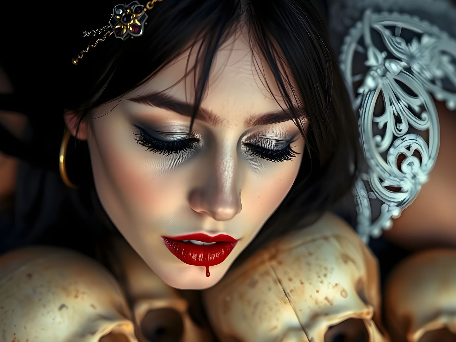 Portrait of a young beautiful medieval vampire woman with cl...