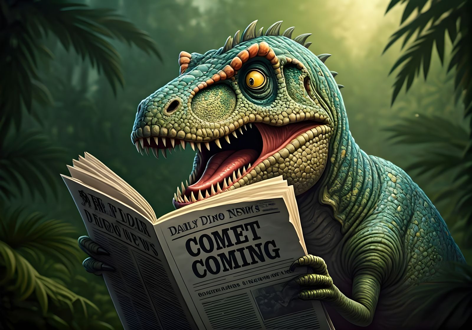 Surprised Jurassic Dinosaur Reads Comet News in Whimsical Ju...