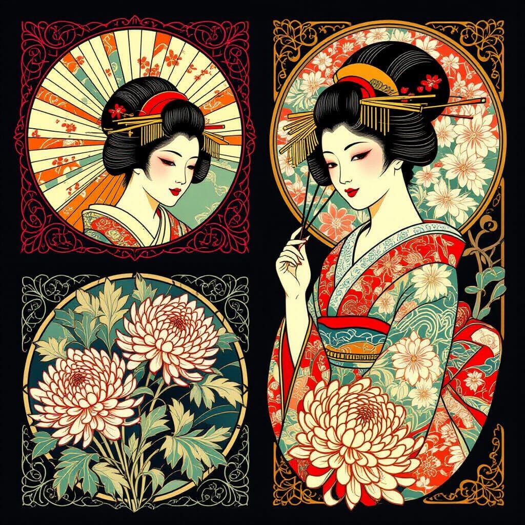 Art Nouveau Geisha Tattoo Flash Sheet