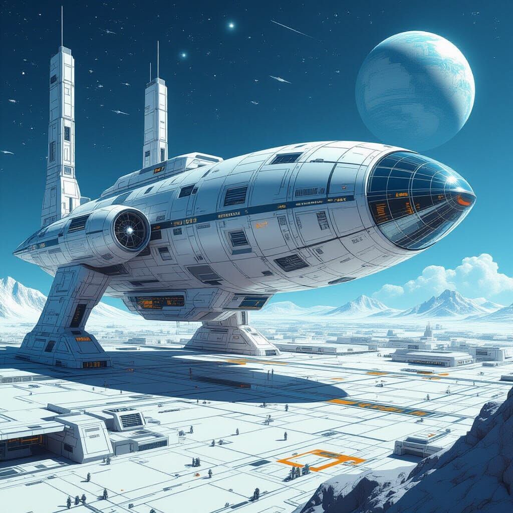 Intergenerational Spacecraft Blueprint in Syd Mead Style