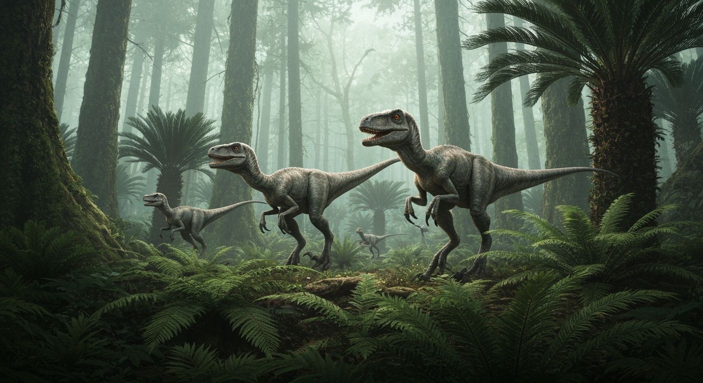 Velociraptors Stalk Prey in Primeval Jurassic Forest