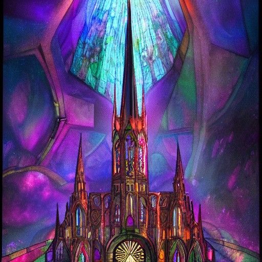 Stained Glass Castle Shatters Sky in Astral Illustration
