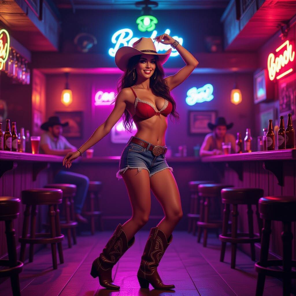 Cowgirl Dancing in Neon-Lit Bar, Digital Art