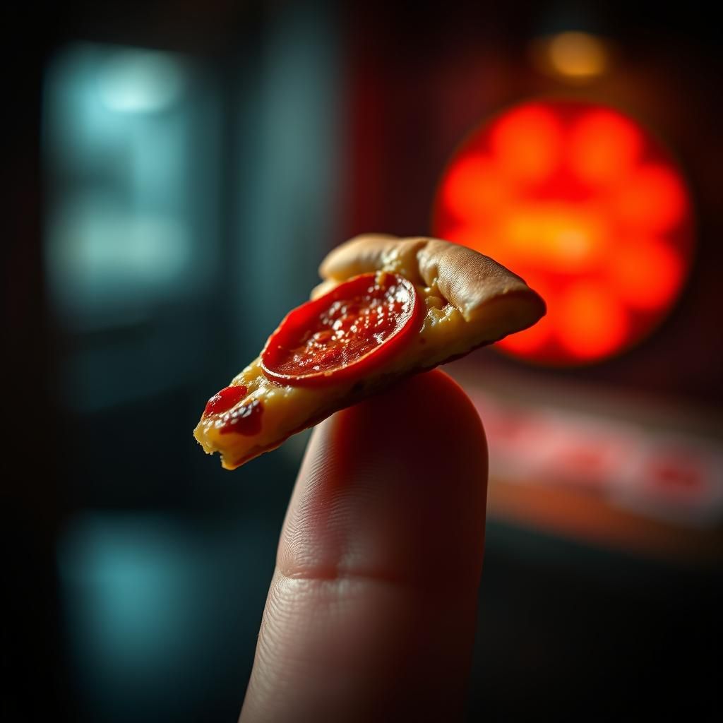 Mini Pizza Slice on Finger in Dieselpunk Style