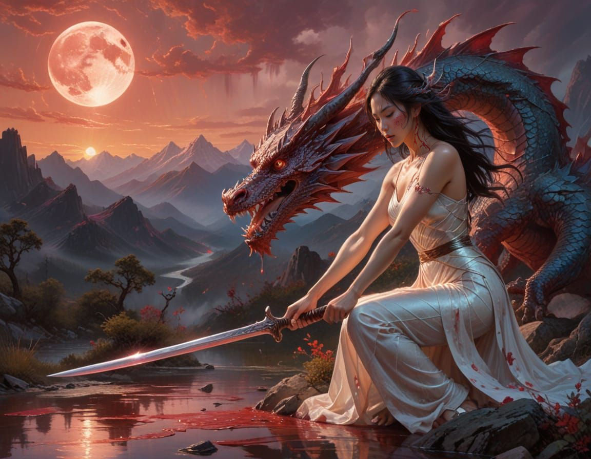 Ethereal Greg Rutkowski-Inspired Woman with Dragon in Sunset...