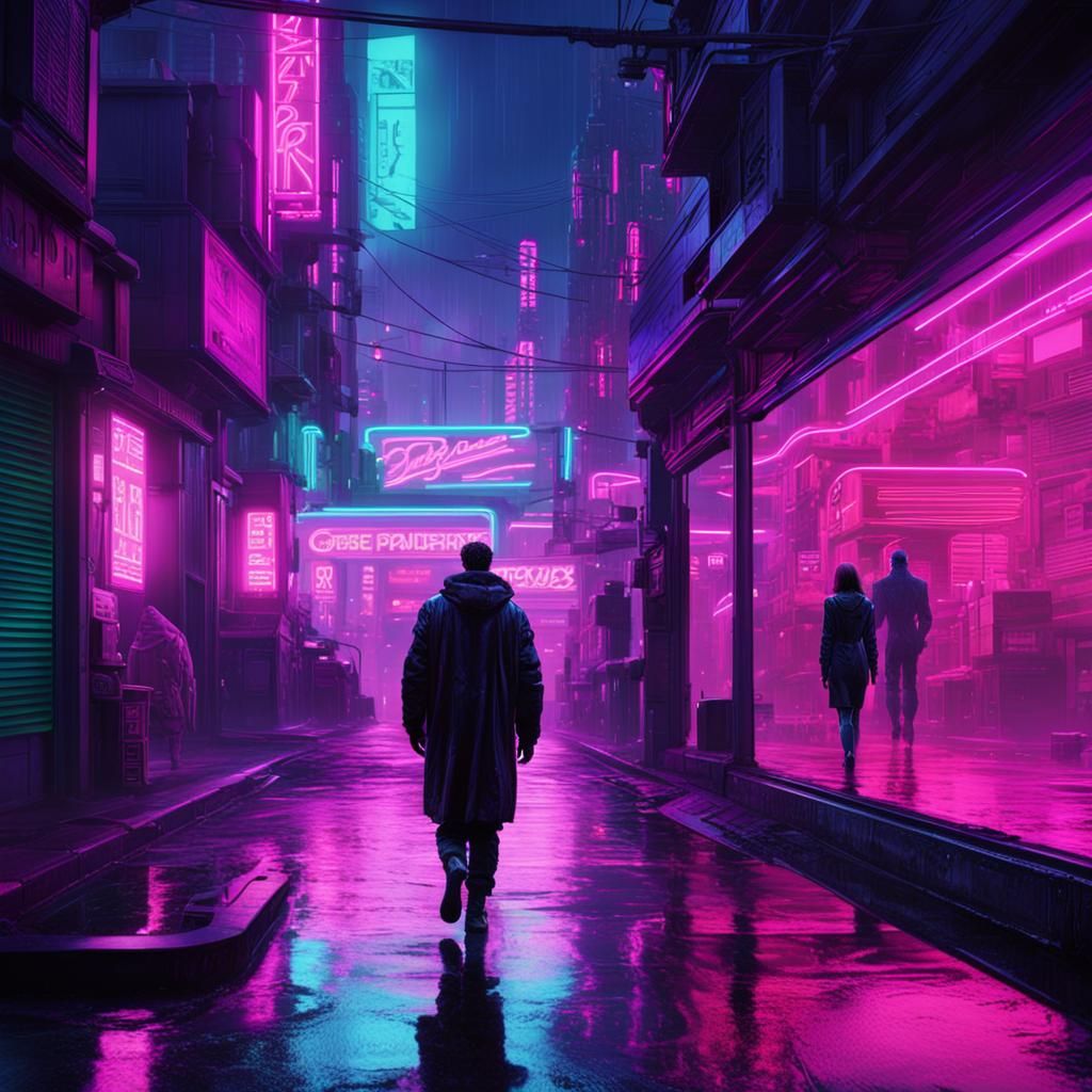 A dark street lit by fluorescent neon lights and shop window...