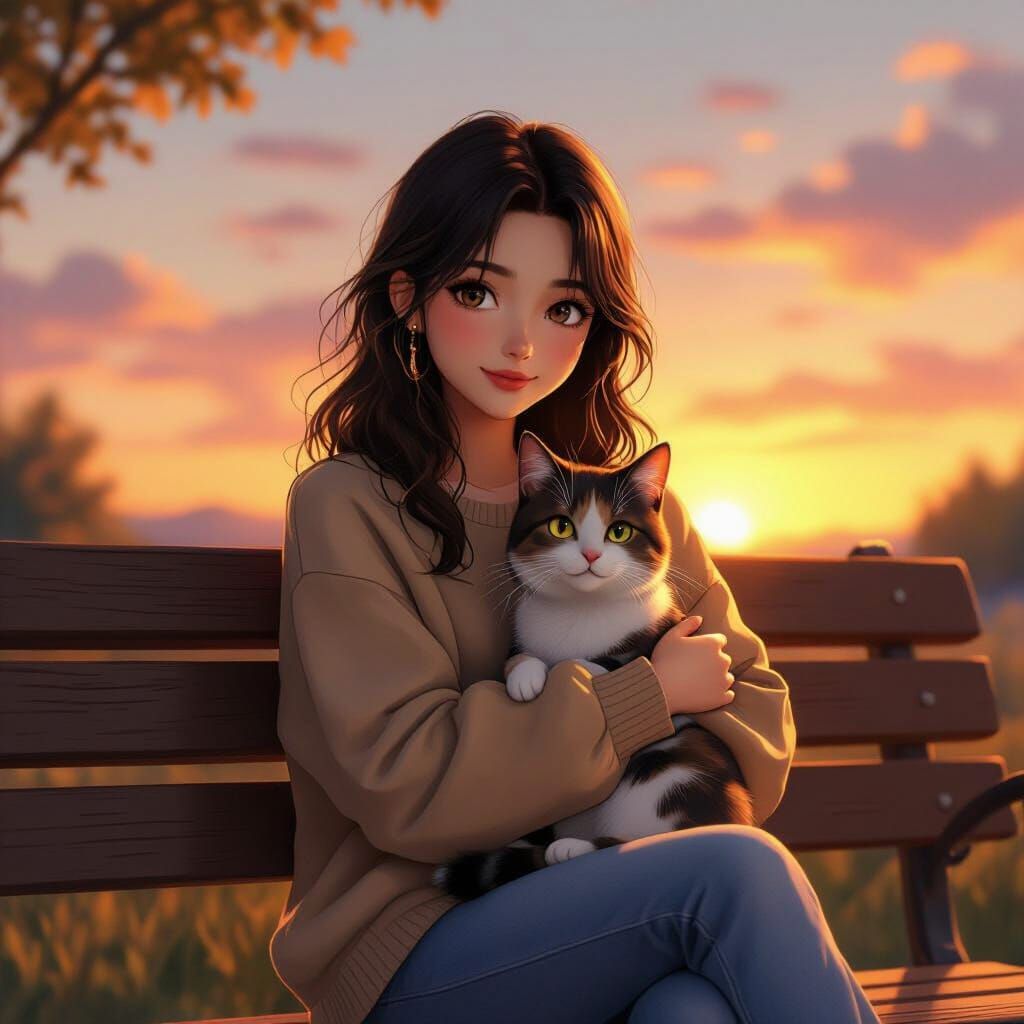 Girl with Cat at Sunset in 3D Anime Style
