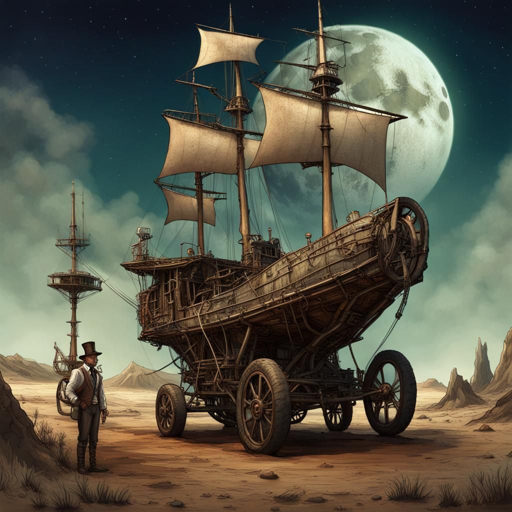 Steampunk Sailboat on the Moon at Night