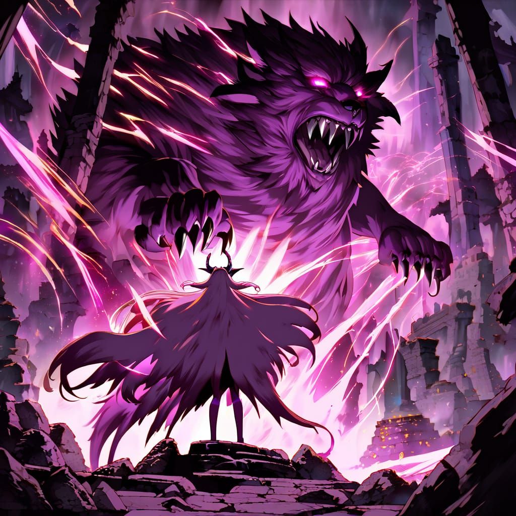 Anime Sorceress Battles Monstrous Beast in Ruins