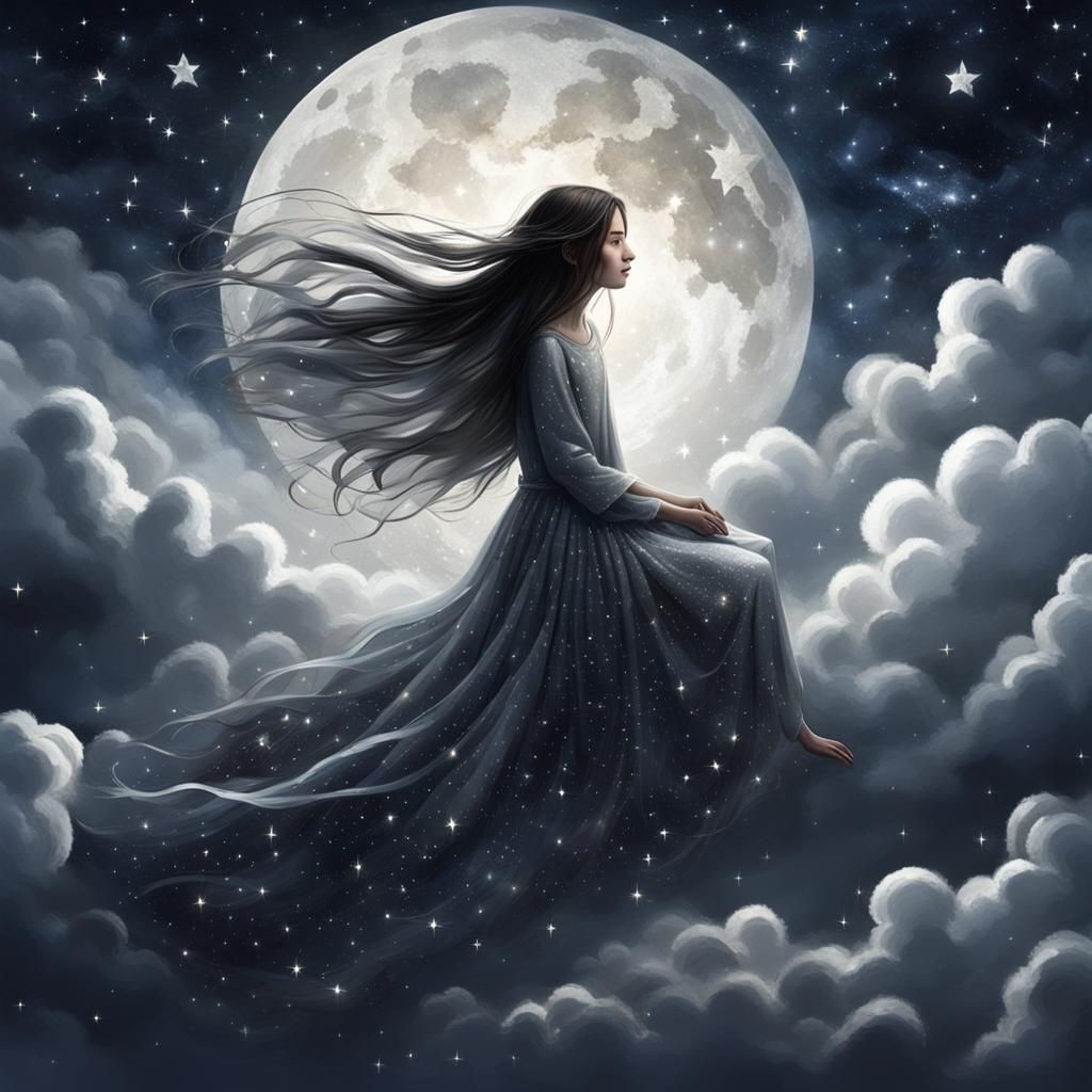 Girl on Cloud in Starry Night Sky