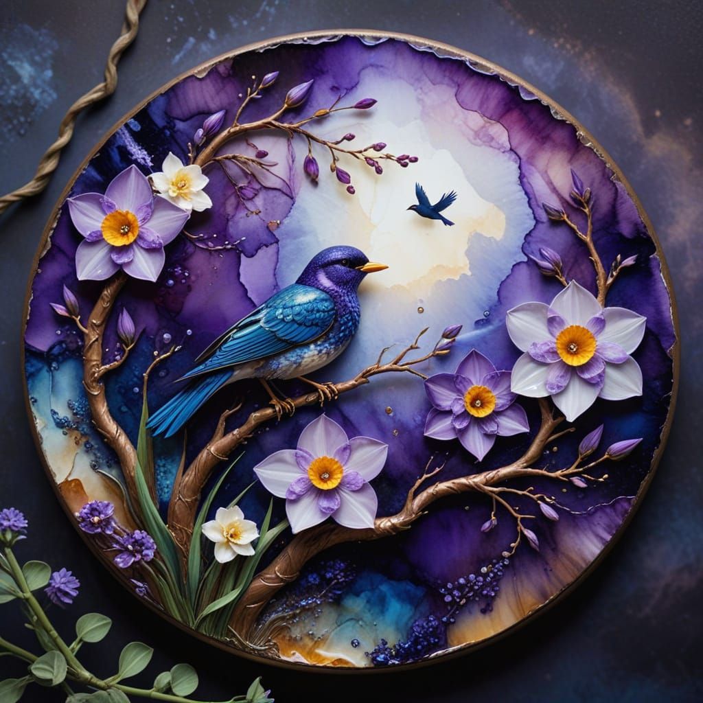 Alcohol Ink Art: Narcissus Flowers, Bird, and Clouds