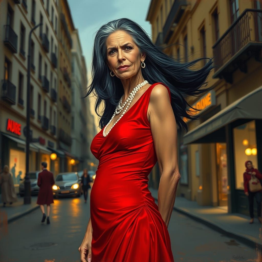 Elegant Transvestite in Red Slit Dress, Inspired by Egon Sch...