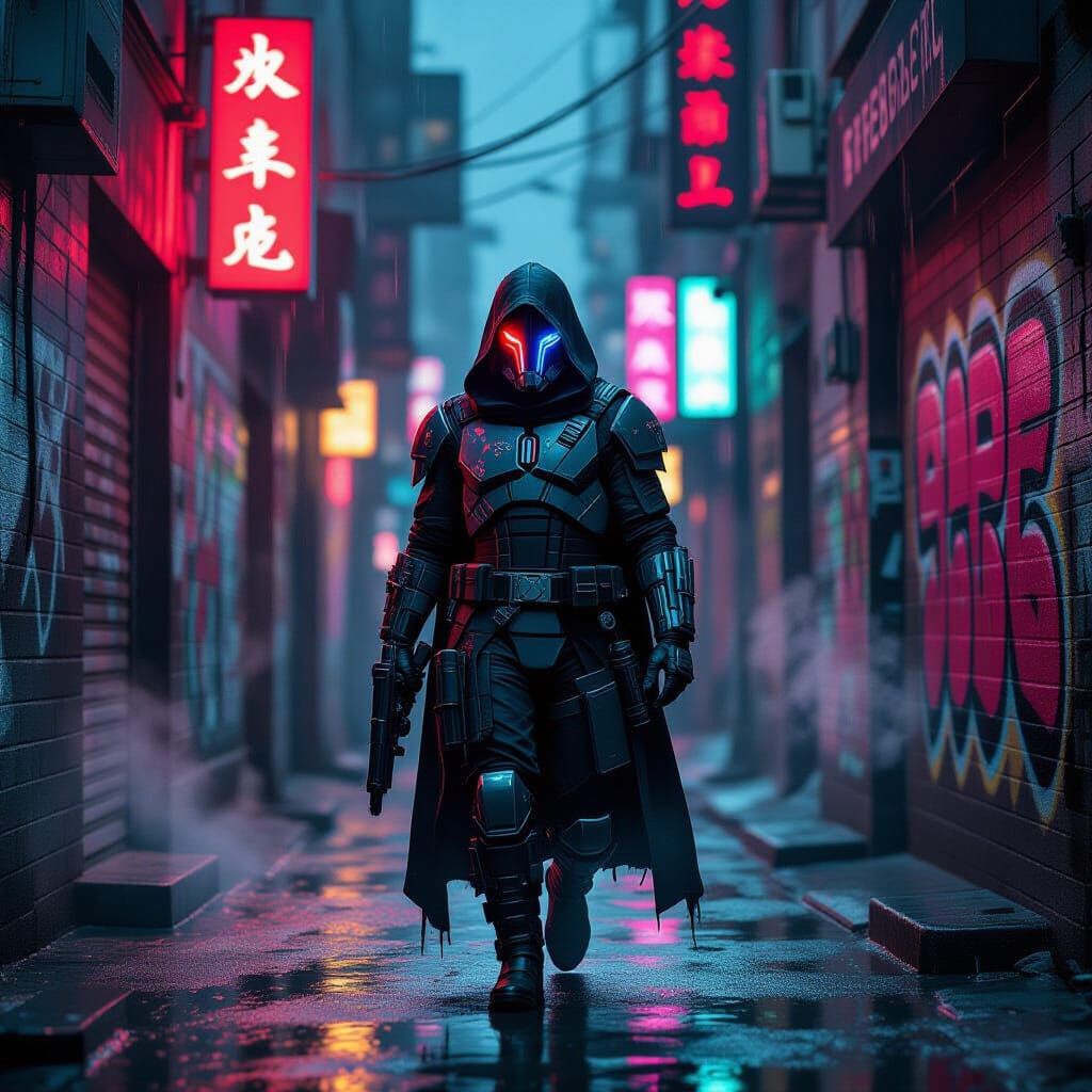 Cybernetic Orion Bounty Hunter in Rain-Slicked Alleyway