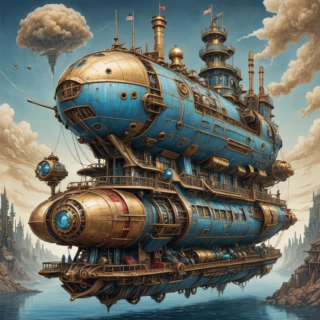 Futuristic steampunk ship. The overall color scheme is blue gold  primarily consisting of various shades blue, gold,...