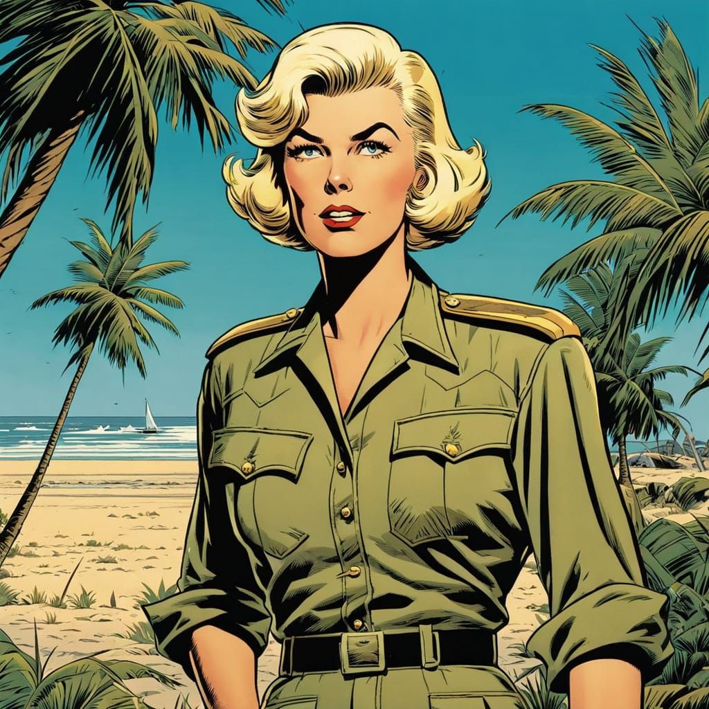 WWII Tropical Beach Illustration in Graphic Novel Style