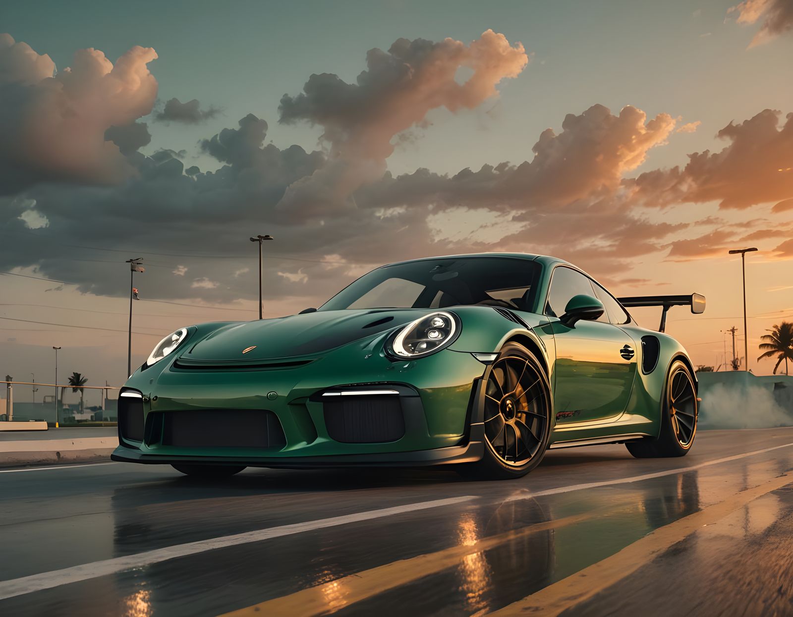 Porsche GT3 RS Silhouette Against Miami Sunset
