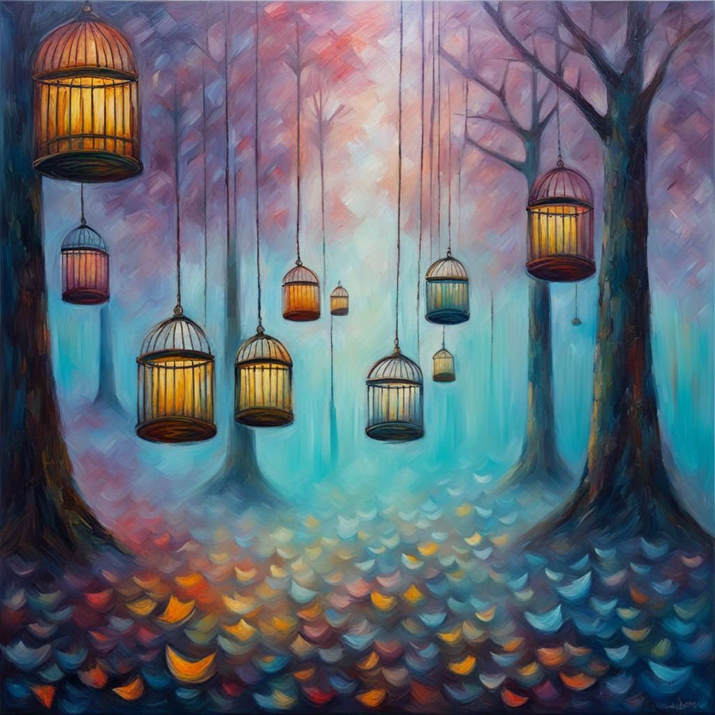 Misty Forest Birdcages in Expressionist Oil Painting