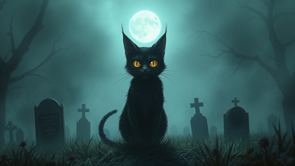 Whimsical Cat Monster in a Foggy Gothic Cemetery
