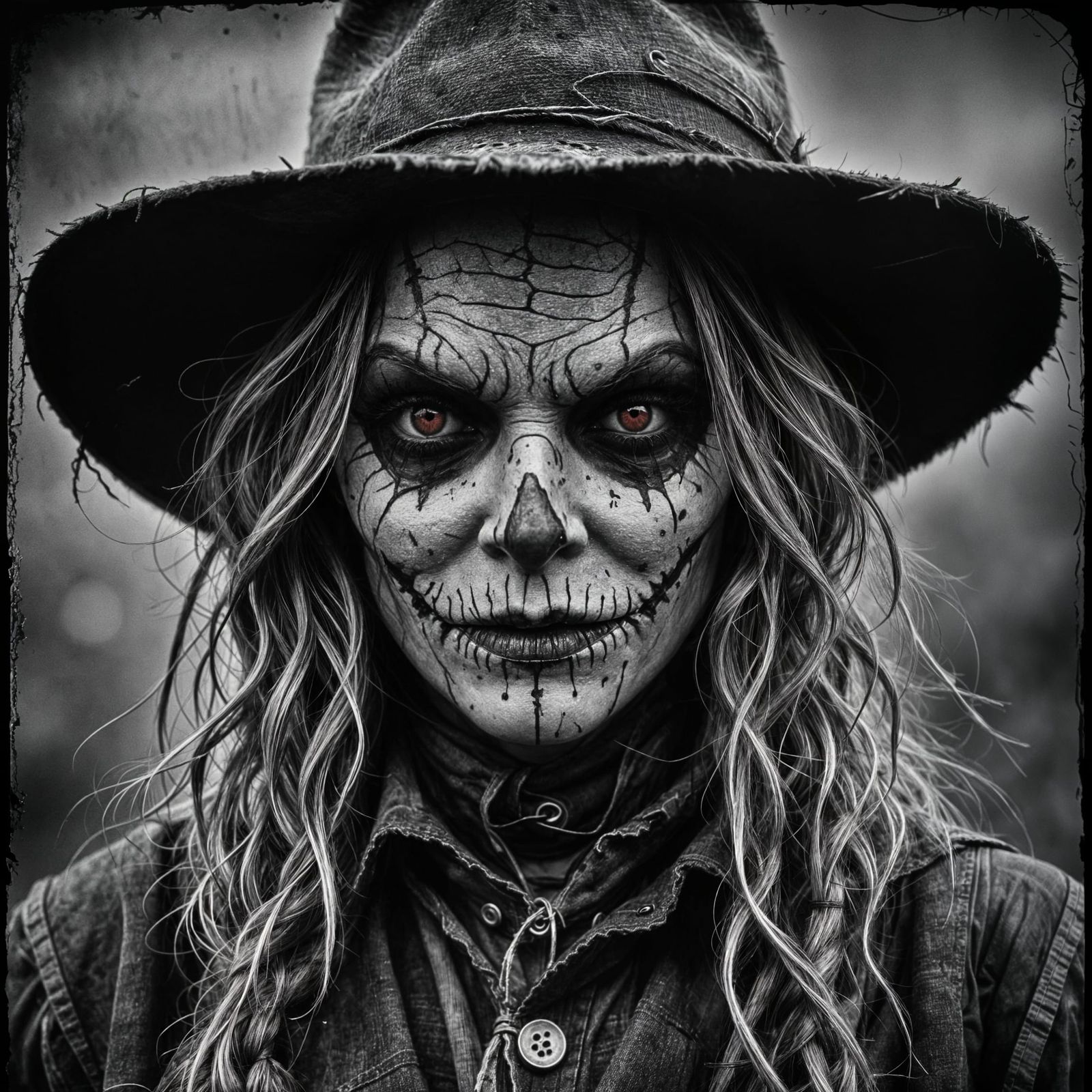 Evil Scarecrow Horror in Grayscale with Red Moon