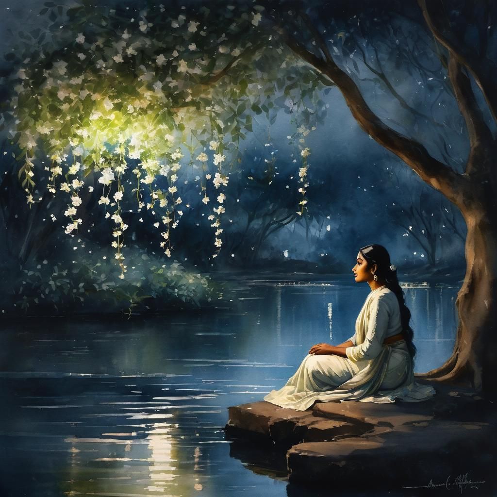 Romantic South Indian Girl in Watercolor Painting