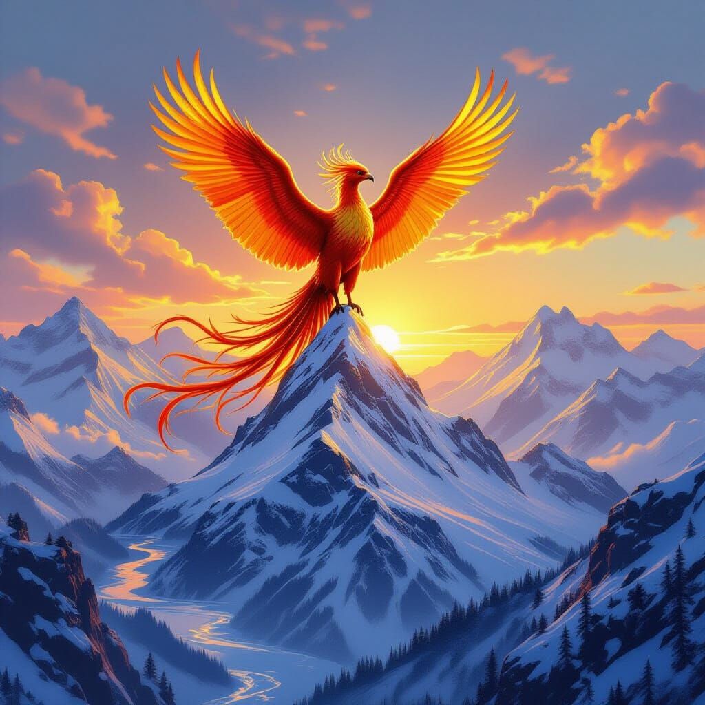 Phoenix on Snowy Peak at Sunrise