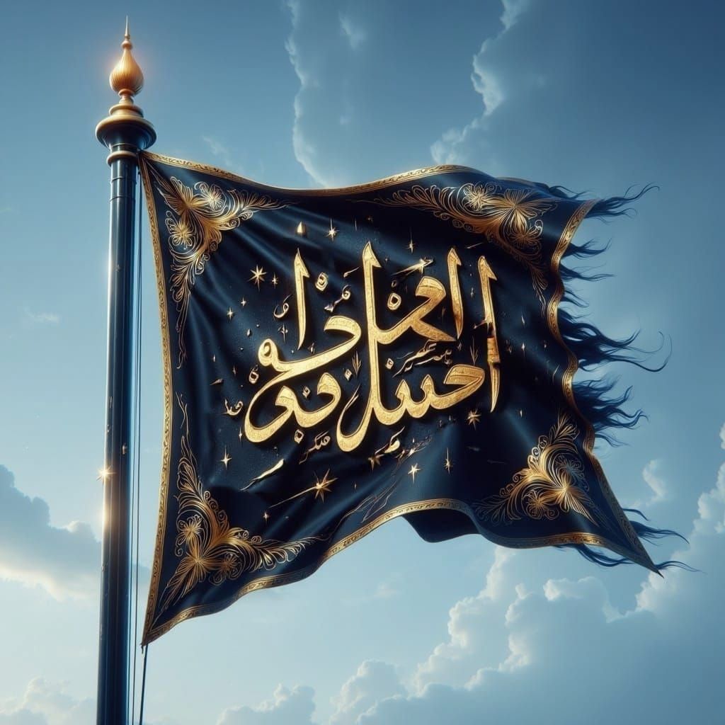 Elegant Arabic Calligraphy on a Soft Blue Flag