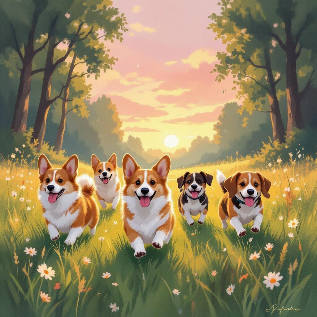 Joyful Dogs Running in a Vibrant Meadow at Dawn