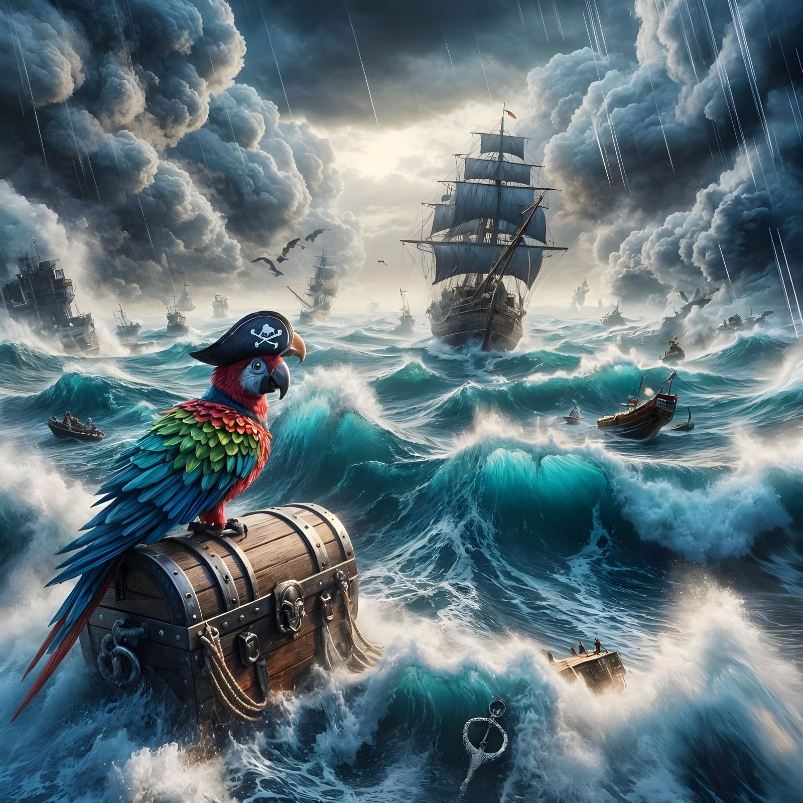 Fantasy Pirate Ship Battles Stormy Ocean in 3D Digital Maste...