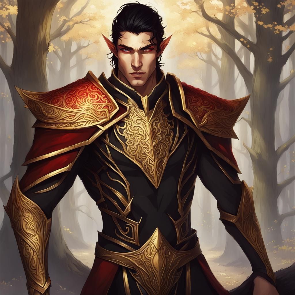 Striking Elven Male with Golden Skin and Red Eyes
