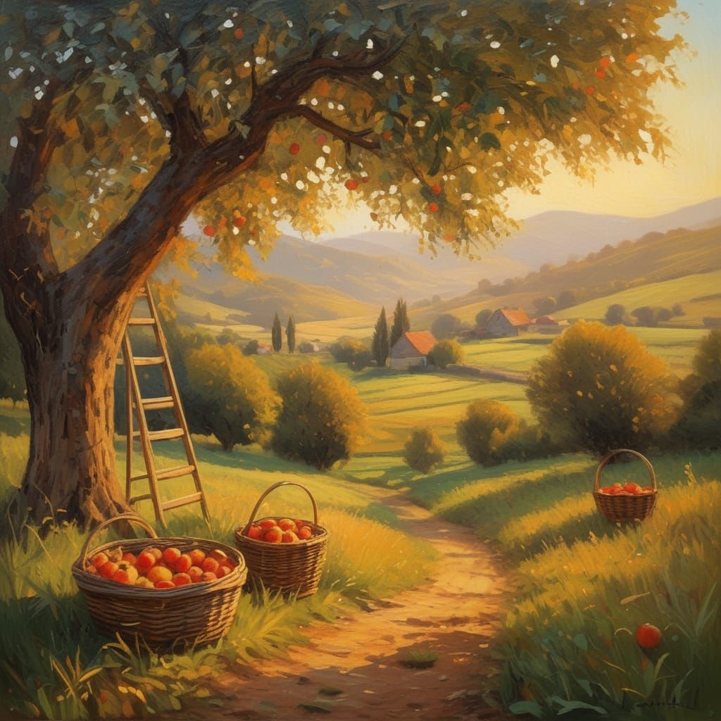 Impressionist Orchard Landscape with Ripe Apples