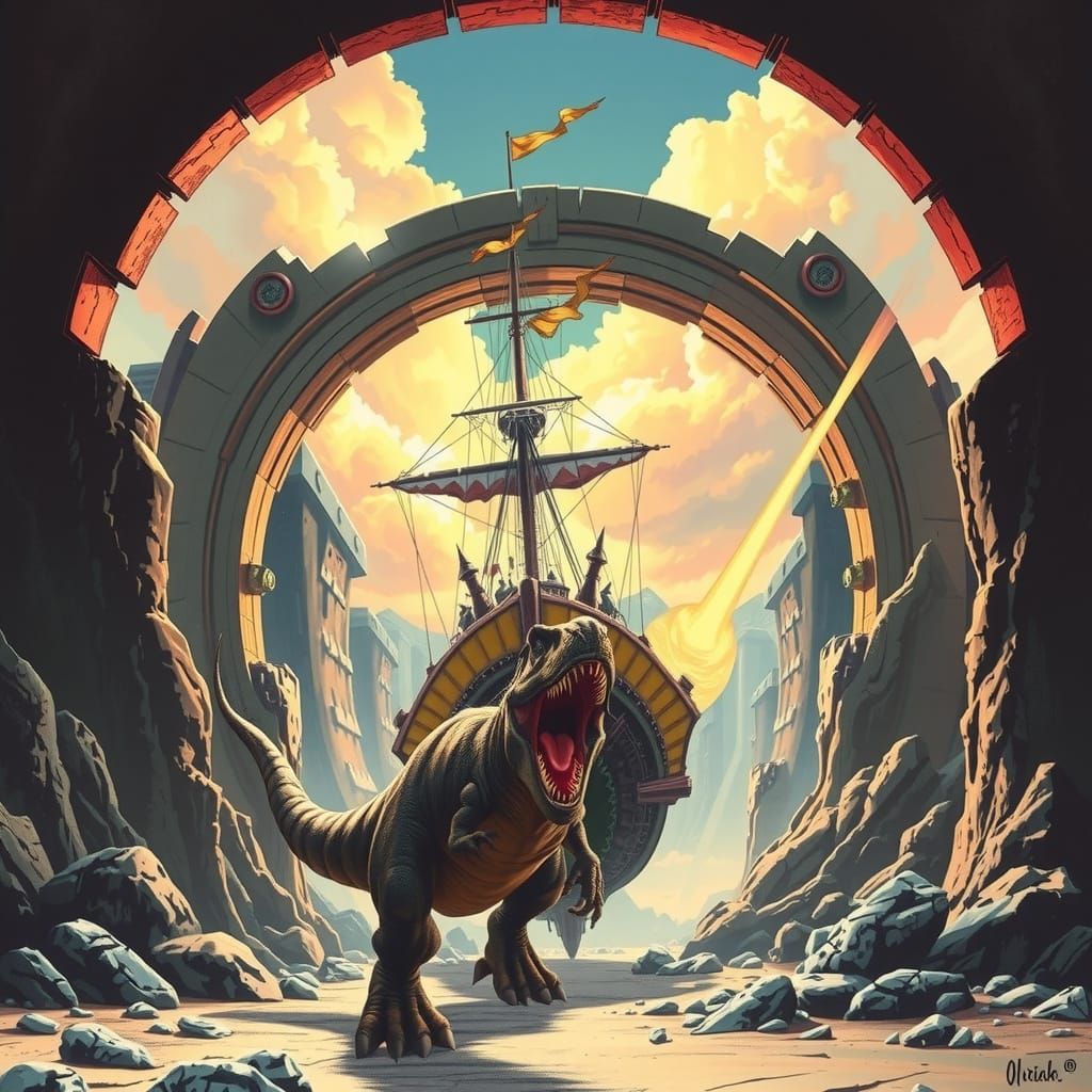 Viking Ship & Dinosaur Portal, Stalenhag Style